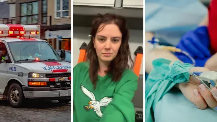 911 sending for help (l) woman shares hangover experience (l) woman getting helped by emergency (r)