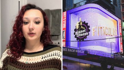 woman shares text message issue (l) planet fitness logo (r)