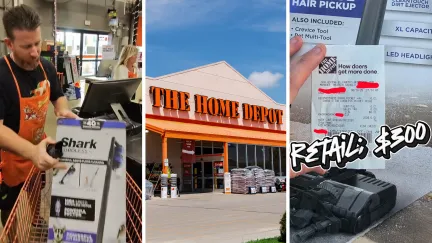 HomeDepot worker scanning Vacuum(l) Home Depot Store Front(c) Person holding up Home Deport Receipt(r)