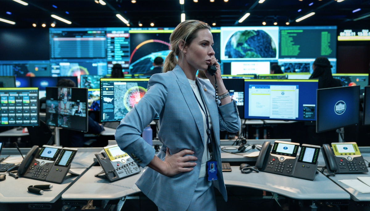 Rebecca Fergusen in House of Dynamite on the phone