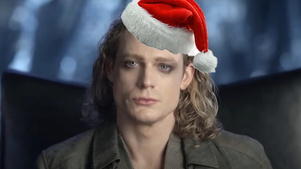 Lestat in a santa hat