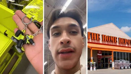 key chains (l) man shares trending key chains (c) the home depot entrance (r)