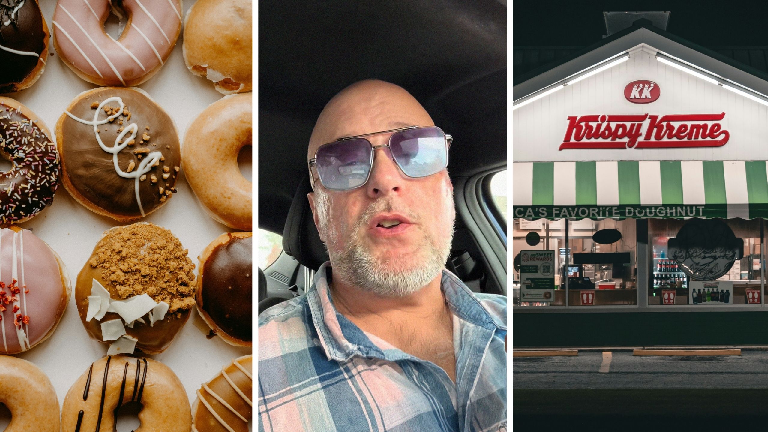 krispy kreme donuts (l) man shares krispy kreme experience (c) krispy kreme store front (r)