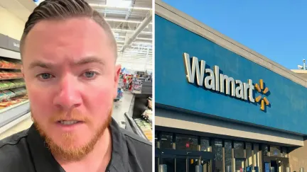 man shares a full walmart experience (l) walmart store front (r)