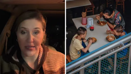 woman shares work experience of the day (l) mother dining out with her two kids (r)