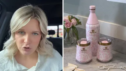 woman shares gift options (l) pink stanley cups (r)