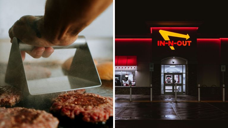 woman shares work changes (l) IN & Out store front (r)