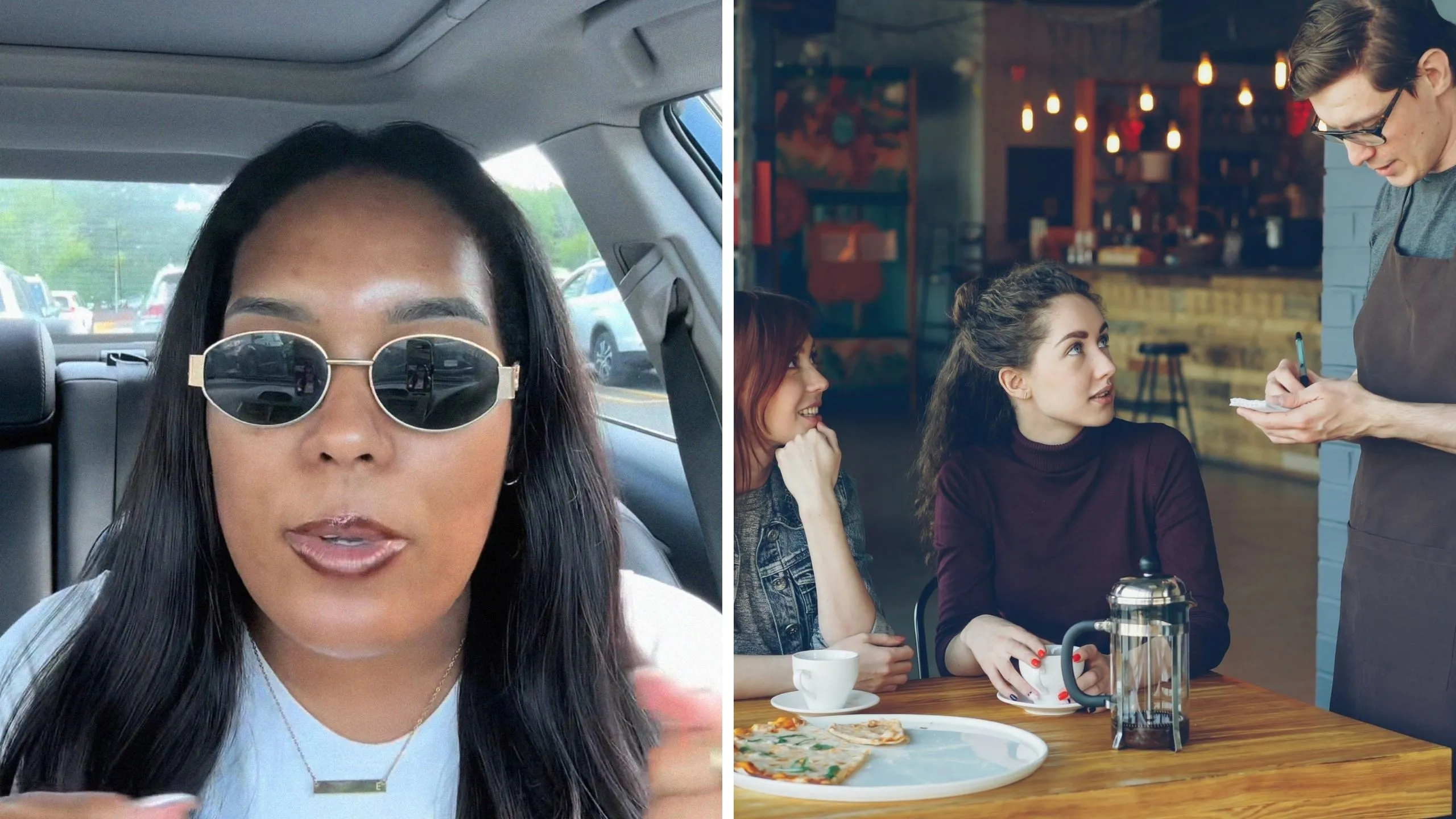 woman shares birthday dinner issue (l) server taking food order (r)