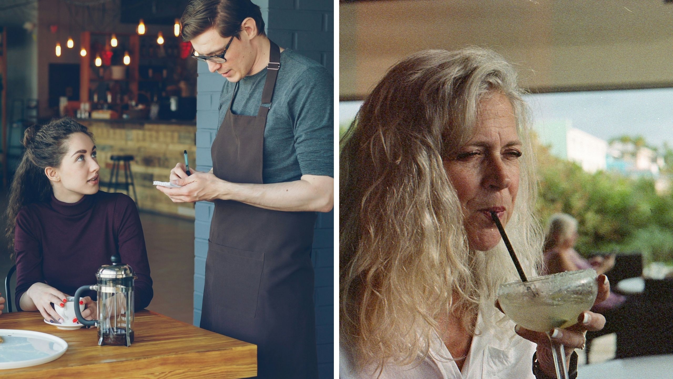 woman orders drink without ID (l) woman drinking margarita (r)