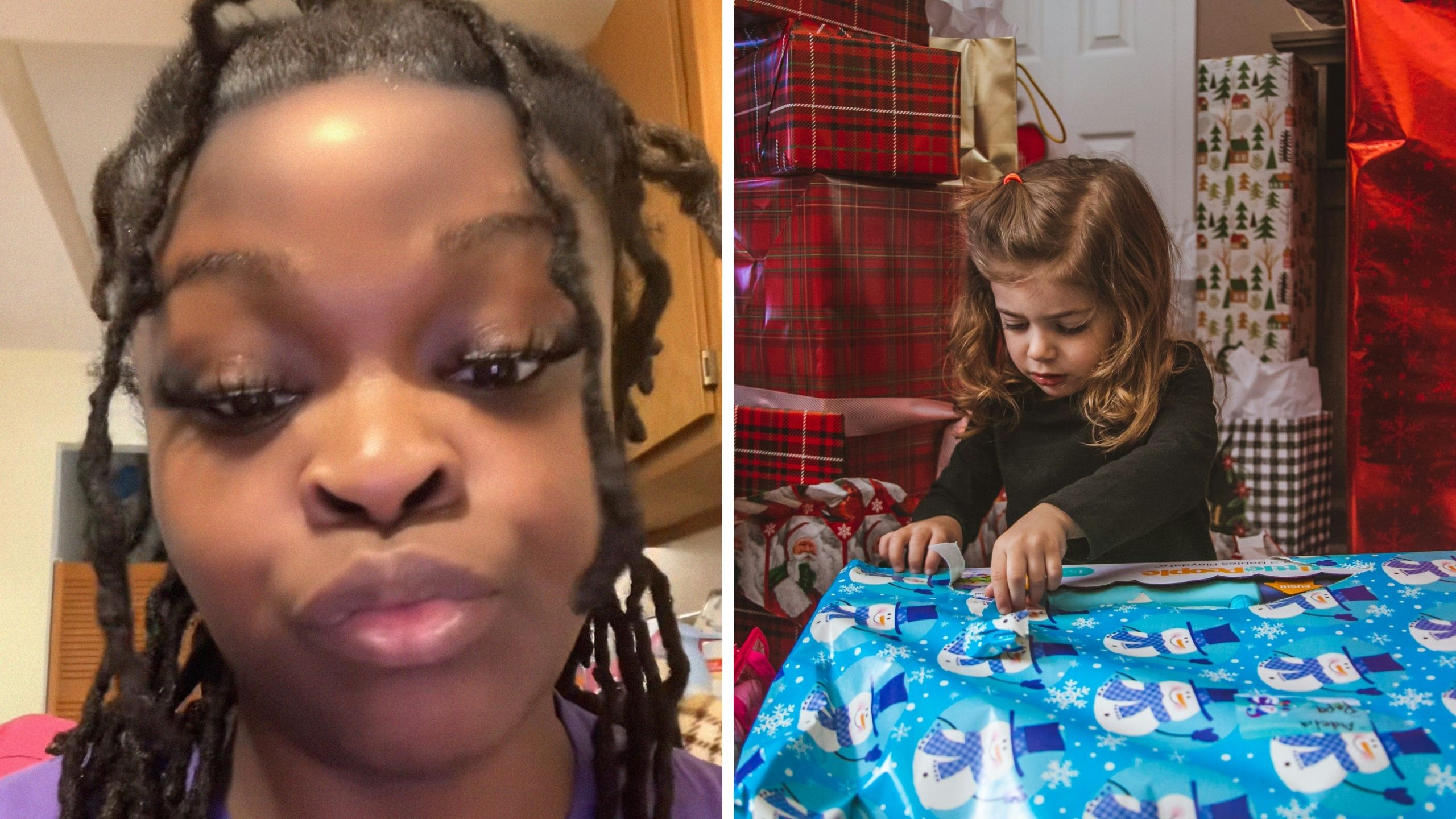 woman shares kids opening gifts (l) little kid opening gifts (r)