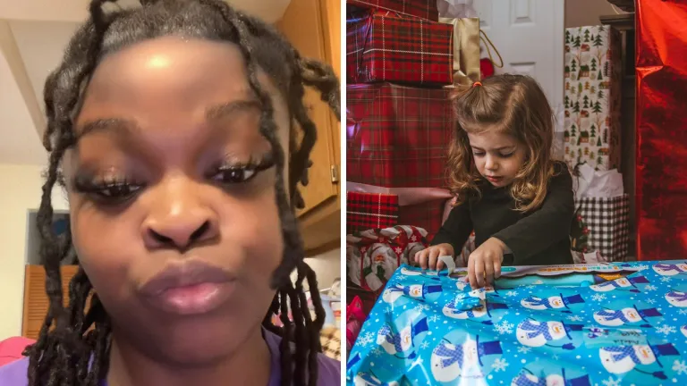 woman shares kids opening gifts (l) little kid opening gifts (r)