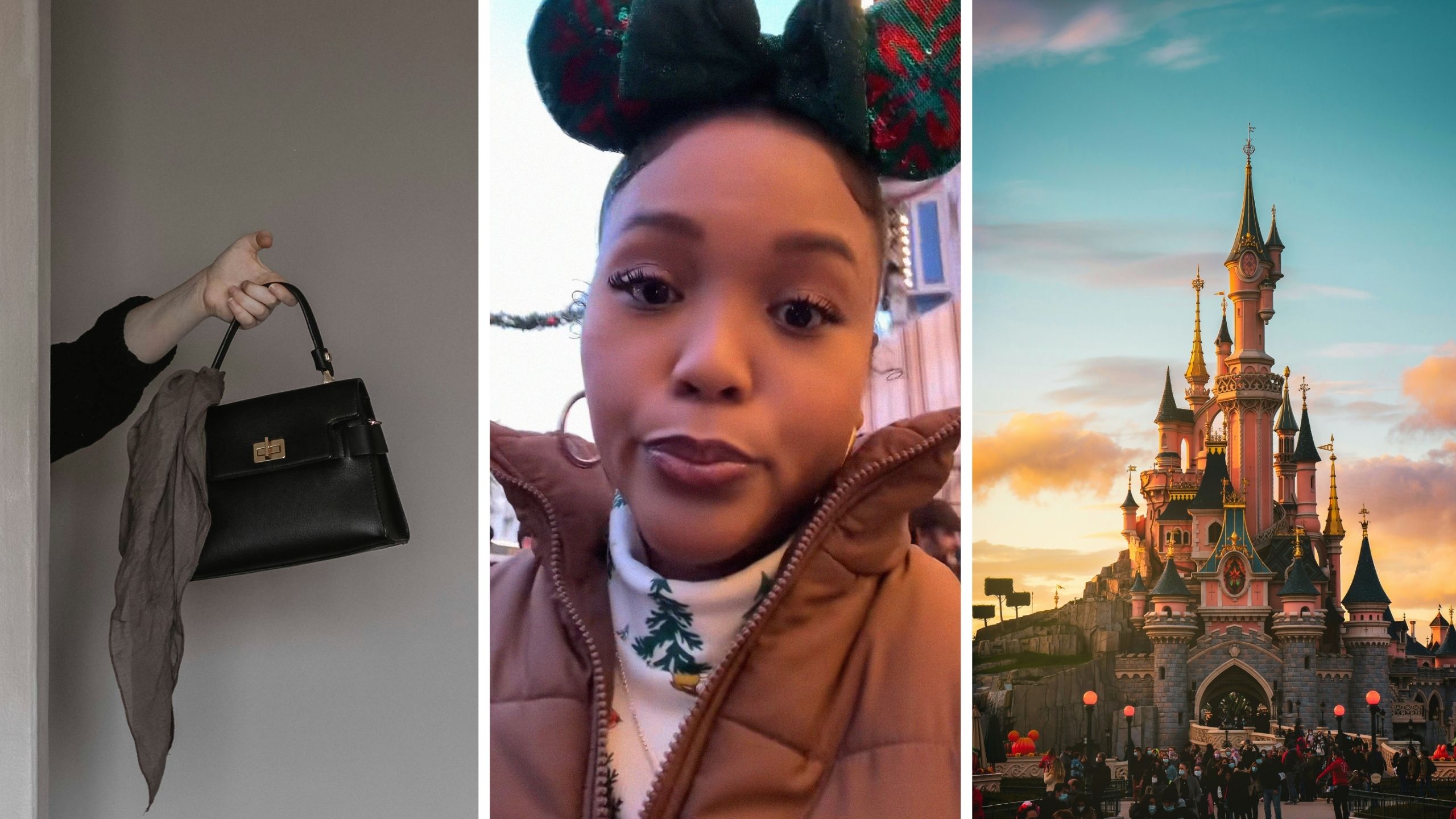 hermes birkin bag (l) woman shares bag shopping experience in disney (c) disneyland castle (r)