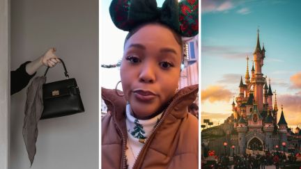 hermes birkin bag (l) woman shares bag shopping experience in disney (c) disneyland castle (r)