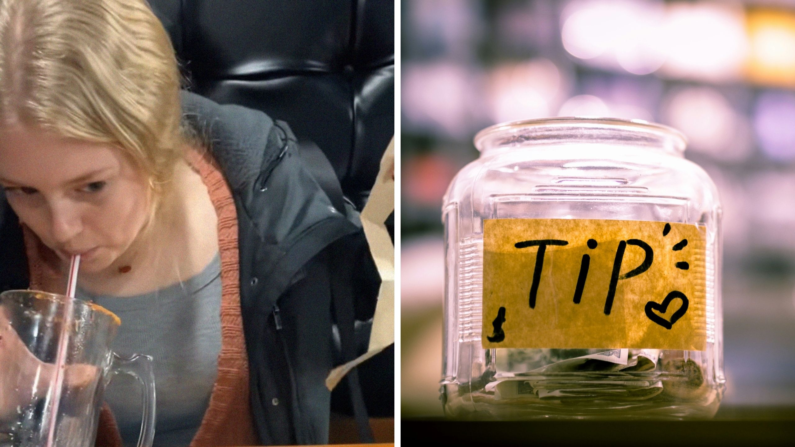 woman drinking margarita (l) tipping jar (r)