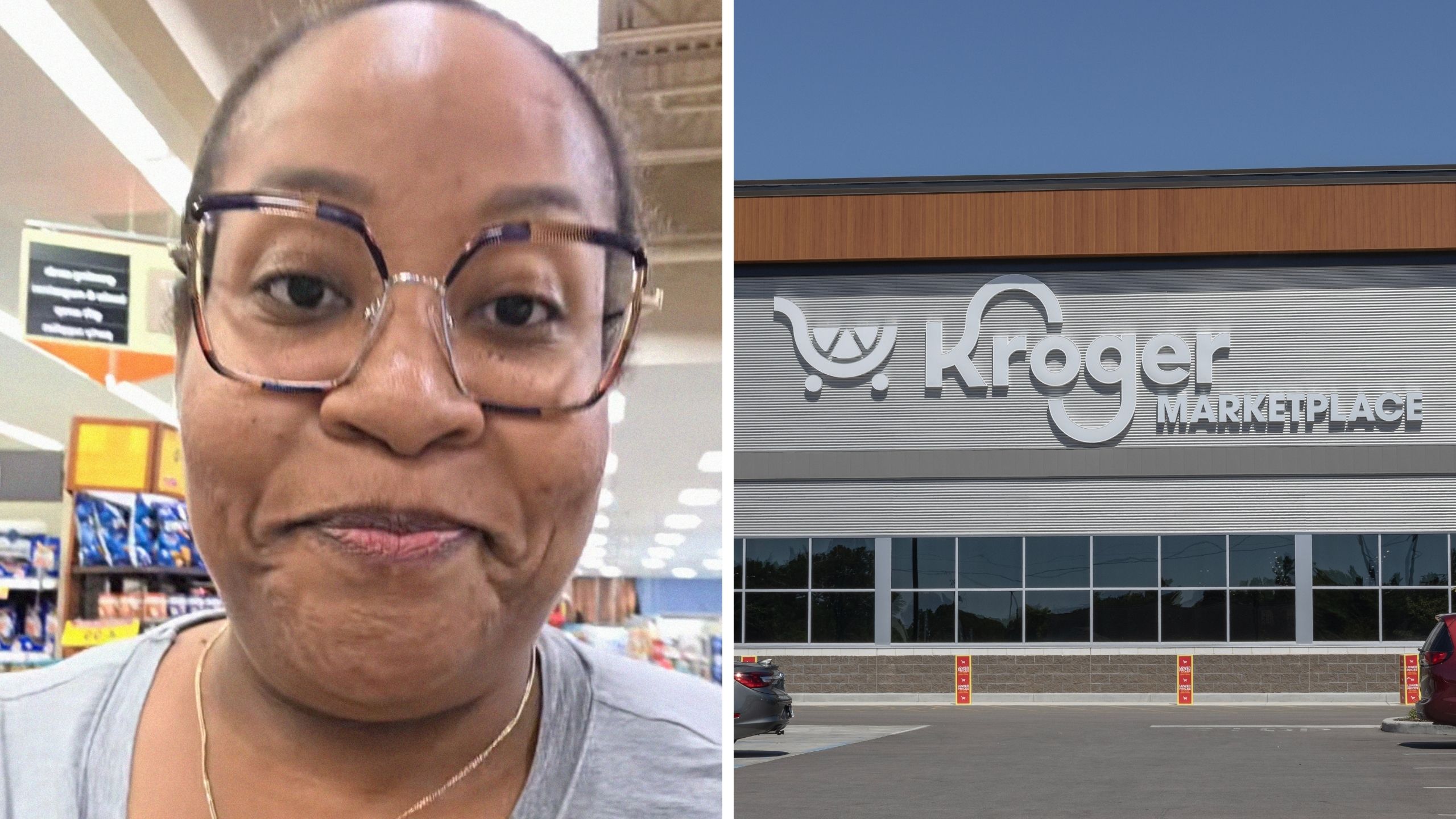 woman shares kroger experience (l) kroger store front (r)