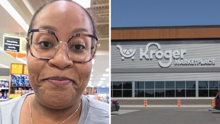 woman shares kroger experience (l) kroger store front (r)