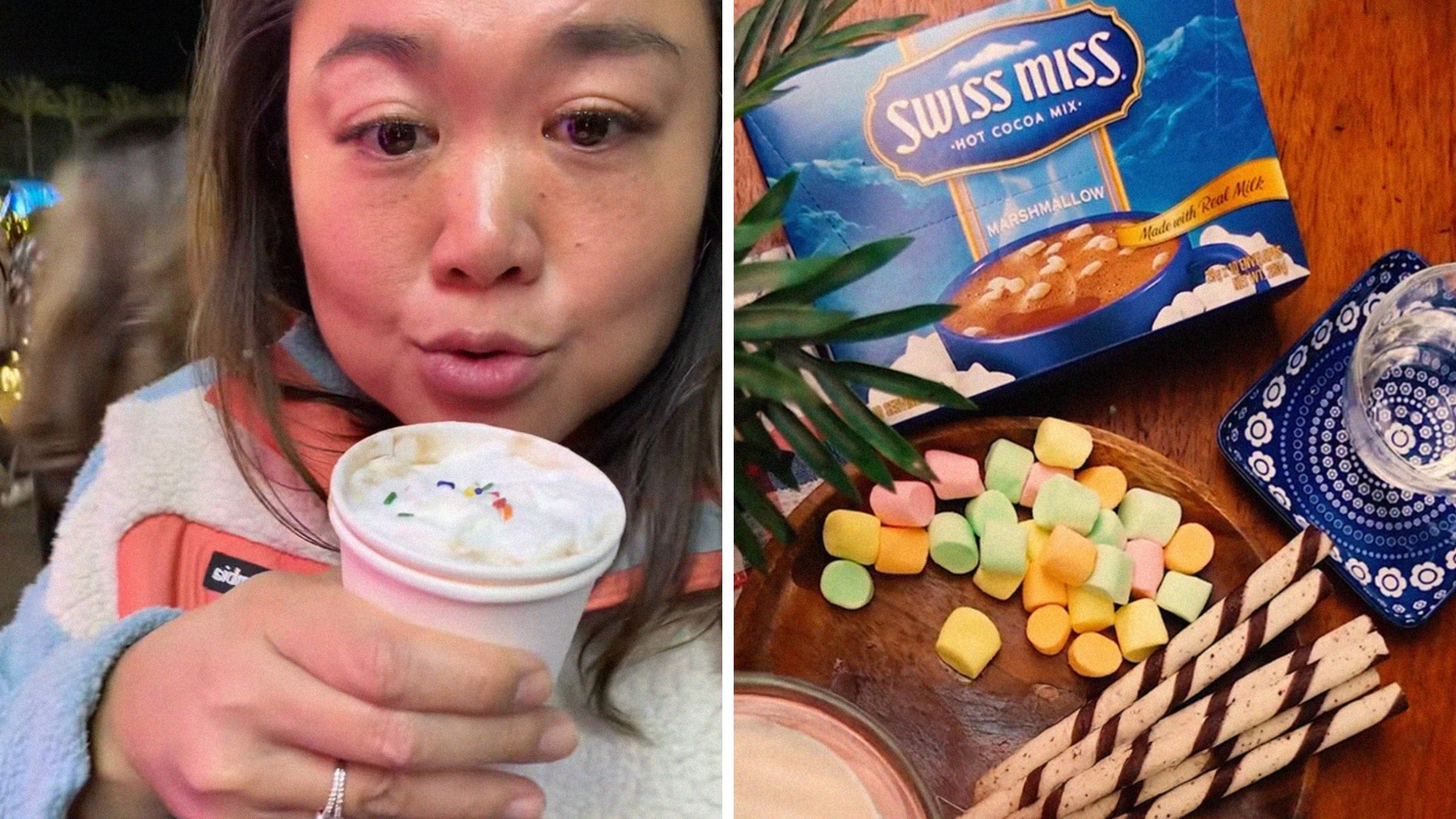 woman shares fancy european sipping hot choclate experience (l) swiss miss hot choclate (r)