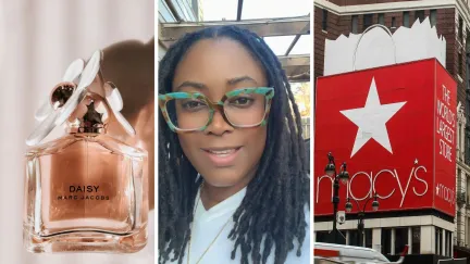 marc jacobs perfume (l) woman shares purchase (c) macys store front (r)