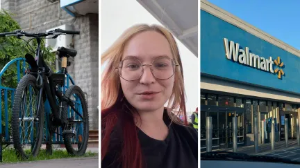 teens bike (l) woman shares purchase issue (c) walmart store front (r)