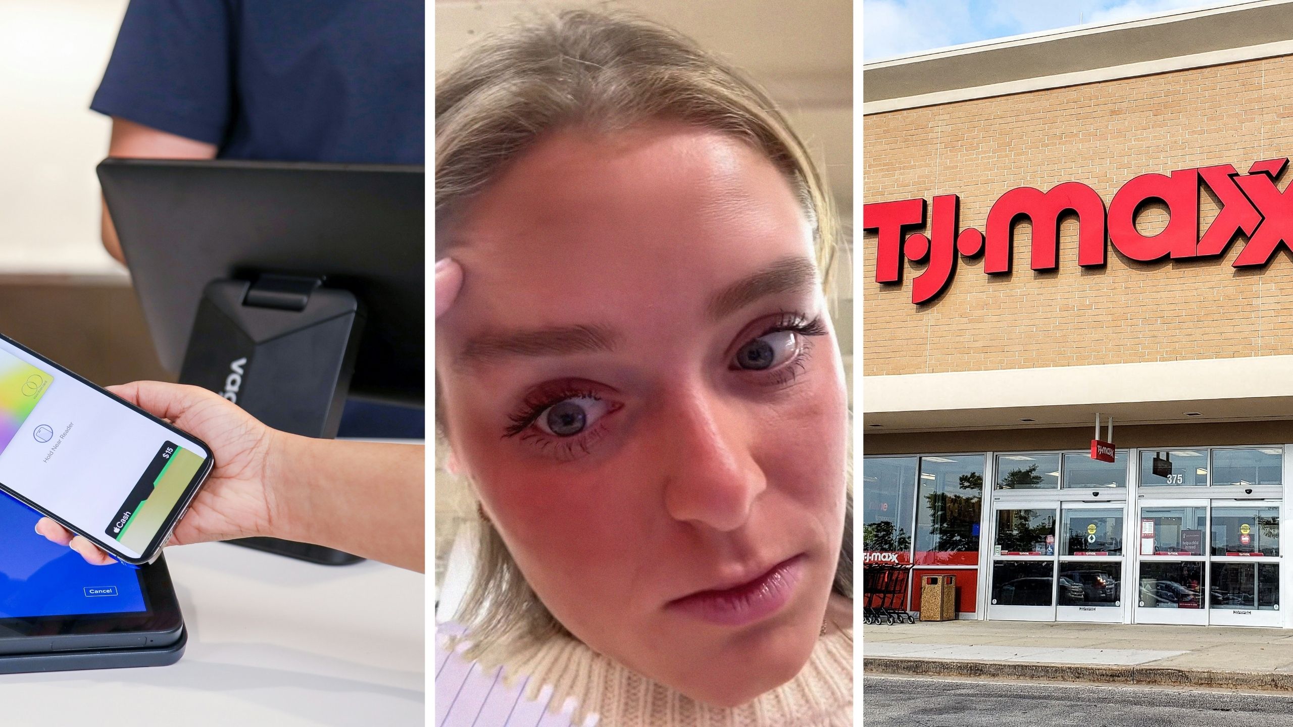paying at the cashier (l) woman shares t.j maxx experience (c) T.J maxx store front (r)