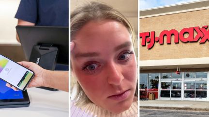 paying at the cashier (l) woman shares t.j maxx experience (c) T.J maxx store front (r)