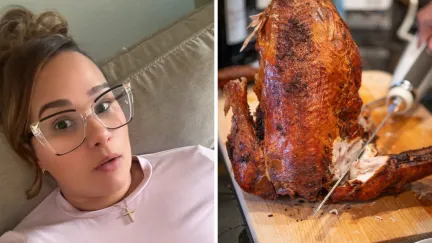 woman shares food she purchased and encounter (l) turkey for thanks giving (r)