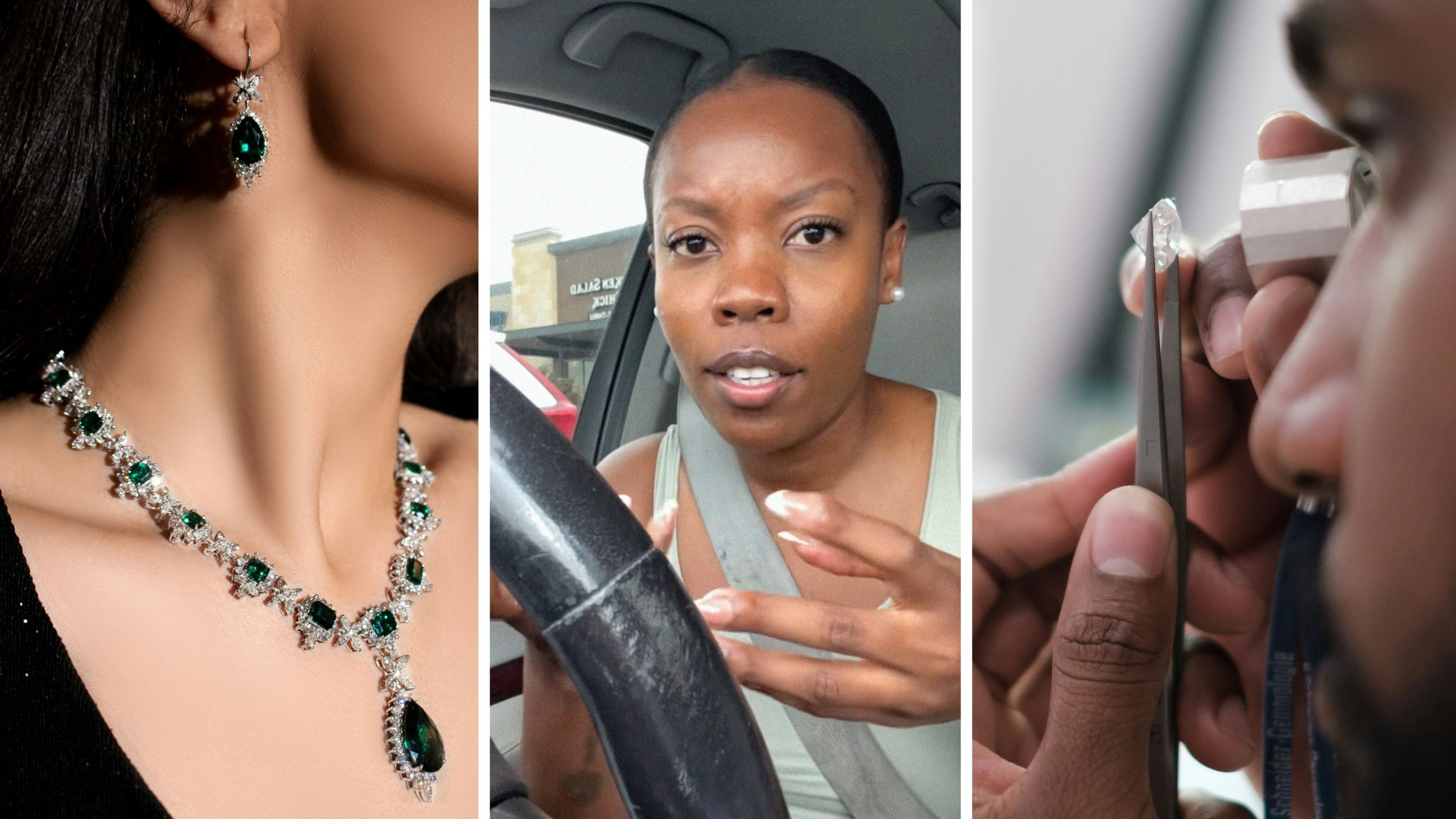emerland jewelry (l) woman shares her experience at jewelry store (c) jeweler conducting appraise (r)