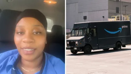 woman shares job issue (l) amazon delivery truck (r)