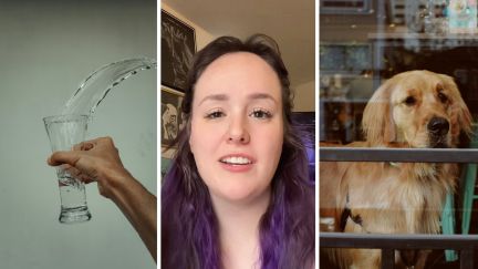 throwing glass of water (l) woman shares cafe experience (c) dog inside coffee shop (r)