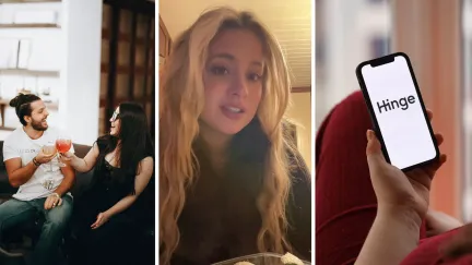 couple grabbing a drink (l) woman shares date experience (c) hinge app (r)