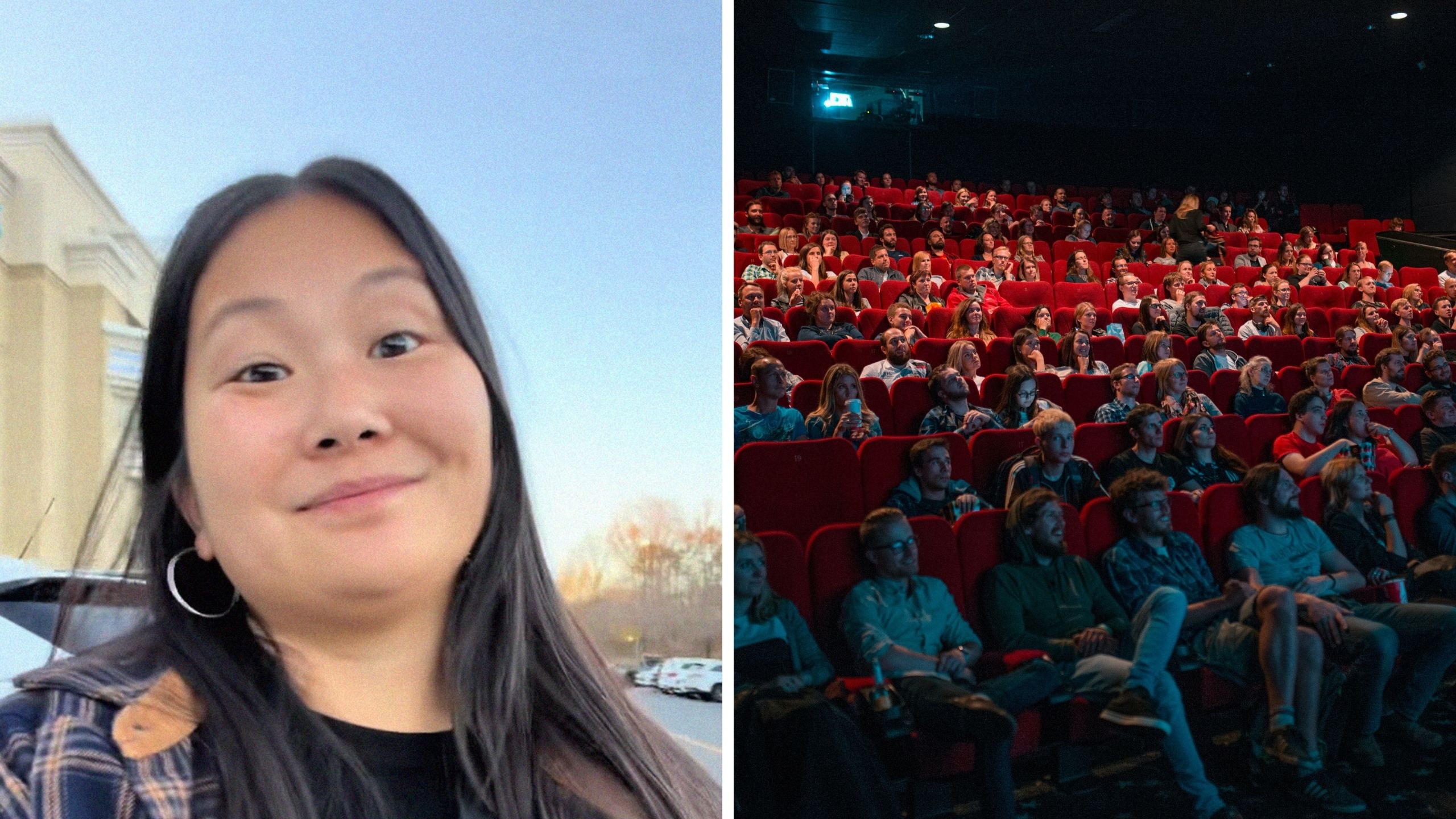 woman shares movie theatre experience (l) people watching movie in 4dx (r)