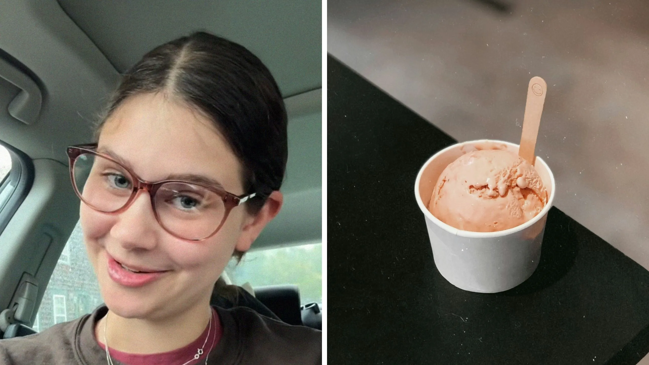 woman shows off her ice cream then gets a surprise (l) ice cream cup (r)