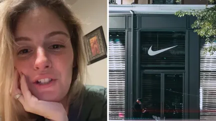 woman shares nike jacket purchase (l) nike outlet store front (r)