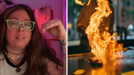 woman shares hibachi restaurant experience (l) hibachi chef at work (r)