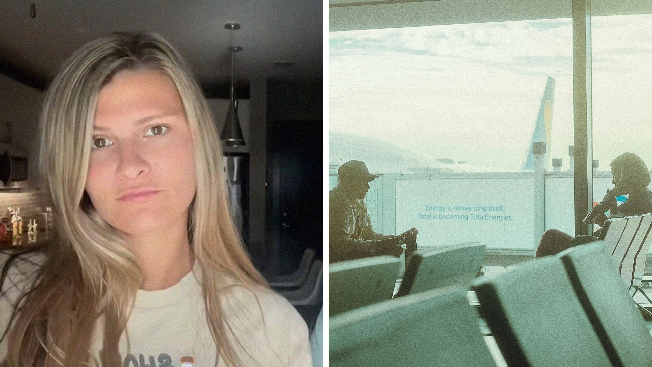 woman shares airport issue (l) woman sitting across man at airport gate (r)