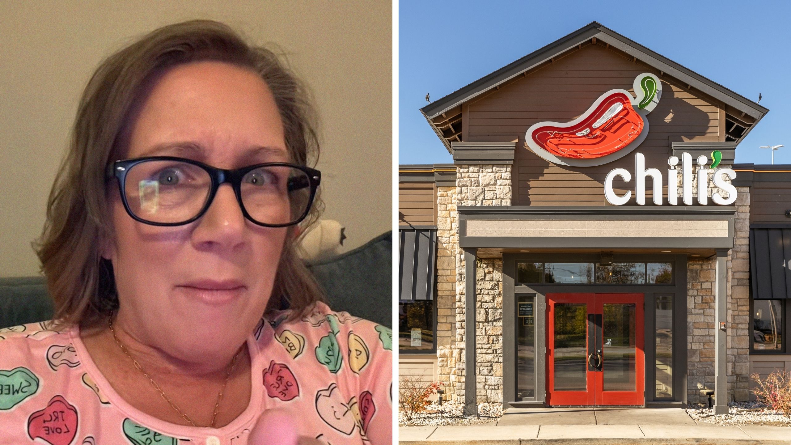 woman shares her chili's experience (l) Chili's store front (r)