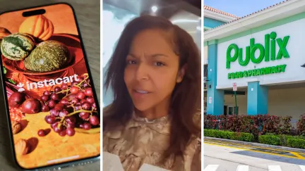 instacart app (l) woman shares instacart issues (c) publix store front (r)