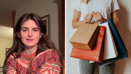 woman shares shopping purchases too gift a kid (l) woman shows her shopping haul (r)