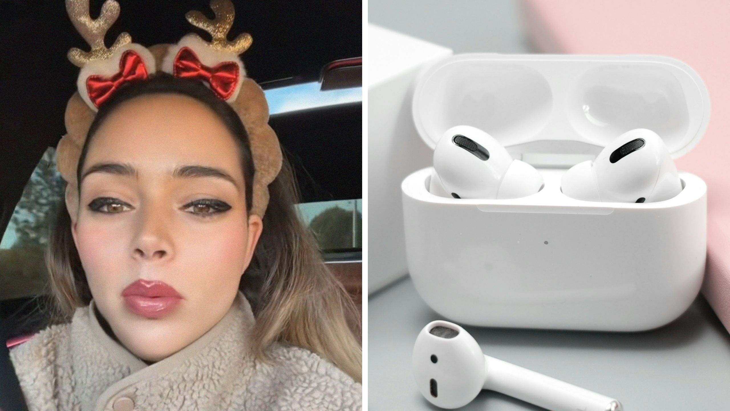 woman shares airpods issue (l) apple airpods (r)