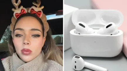 woman shares airpods issue (l) apple airpods (r)