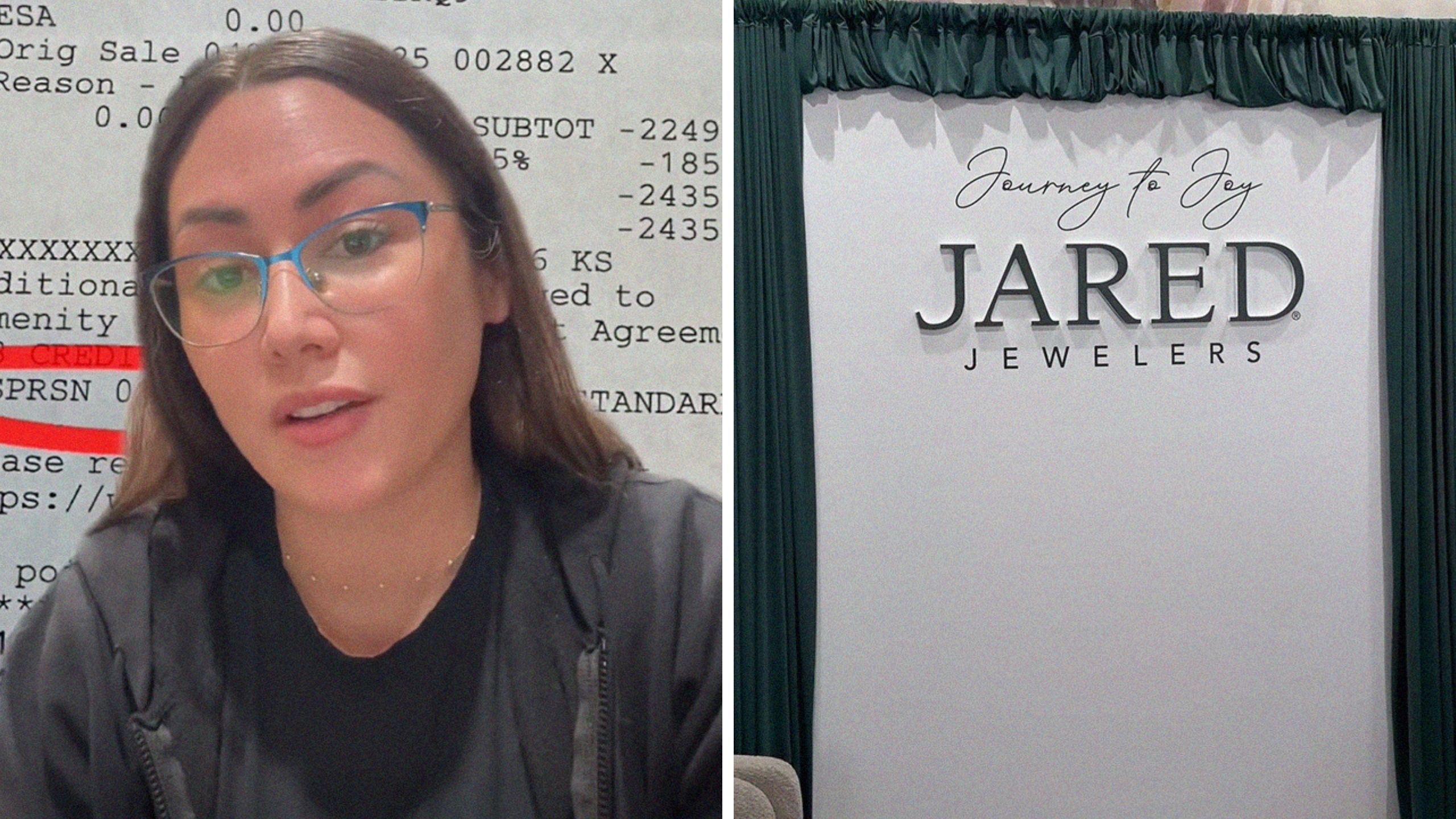woman shares ring issue (l) Jared store interior (r)