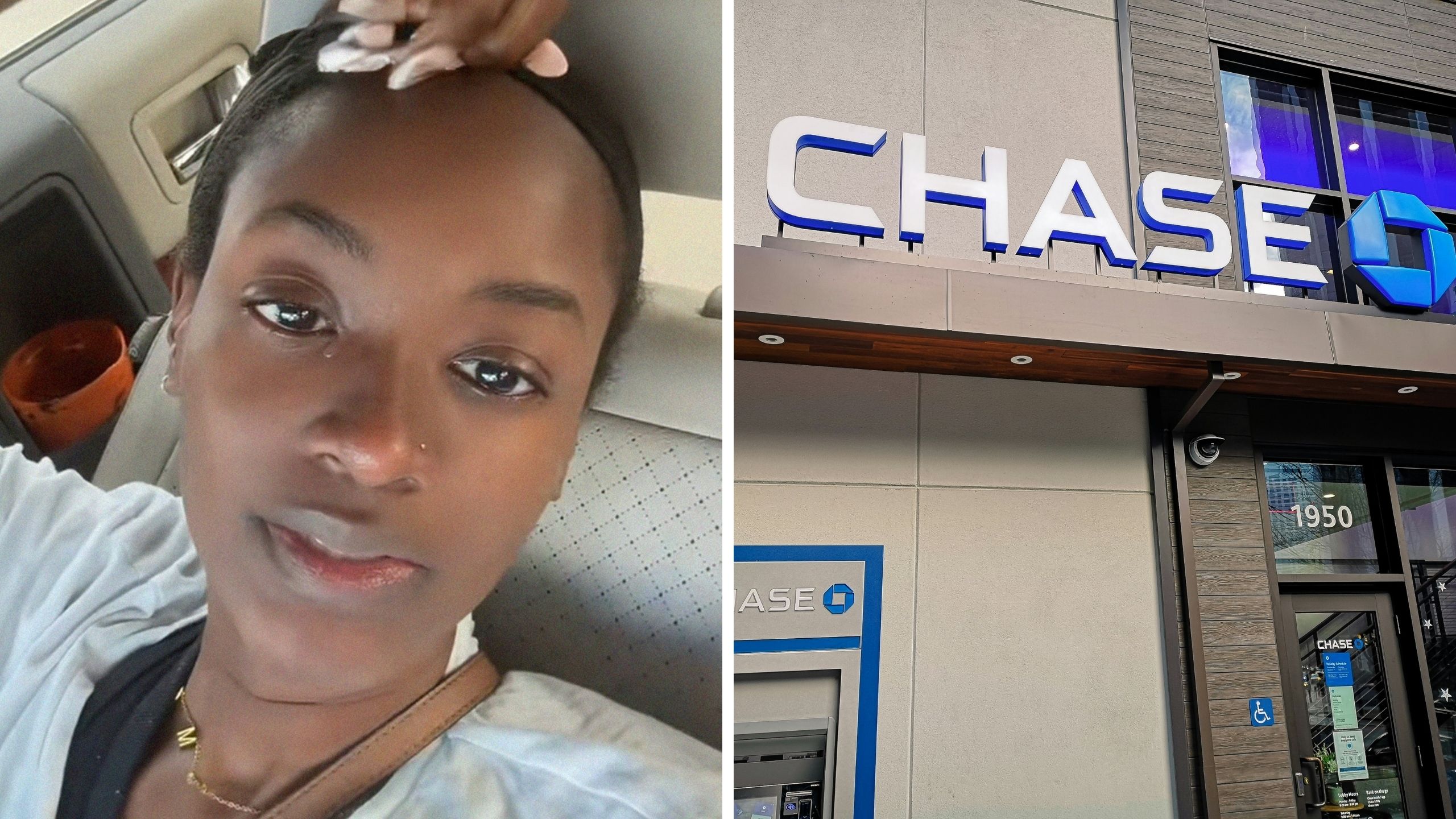 woman shares bank issue (l) chase bank entrance (r)