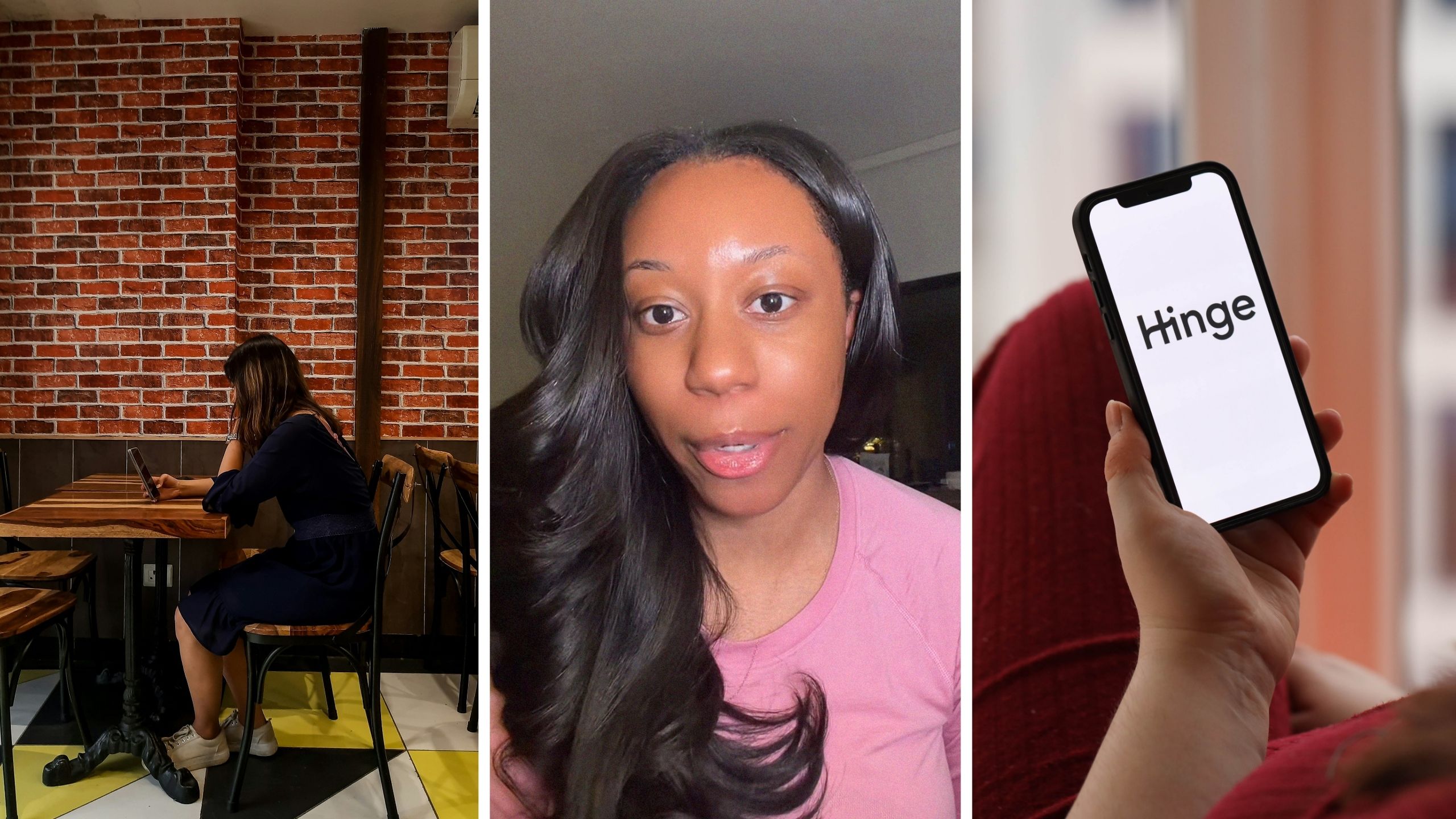 woman left alone on date (l) woman shares hinge date experience (c) hinge app (r)