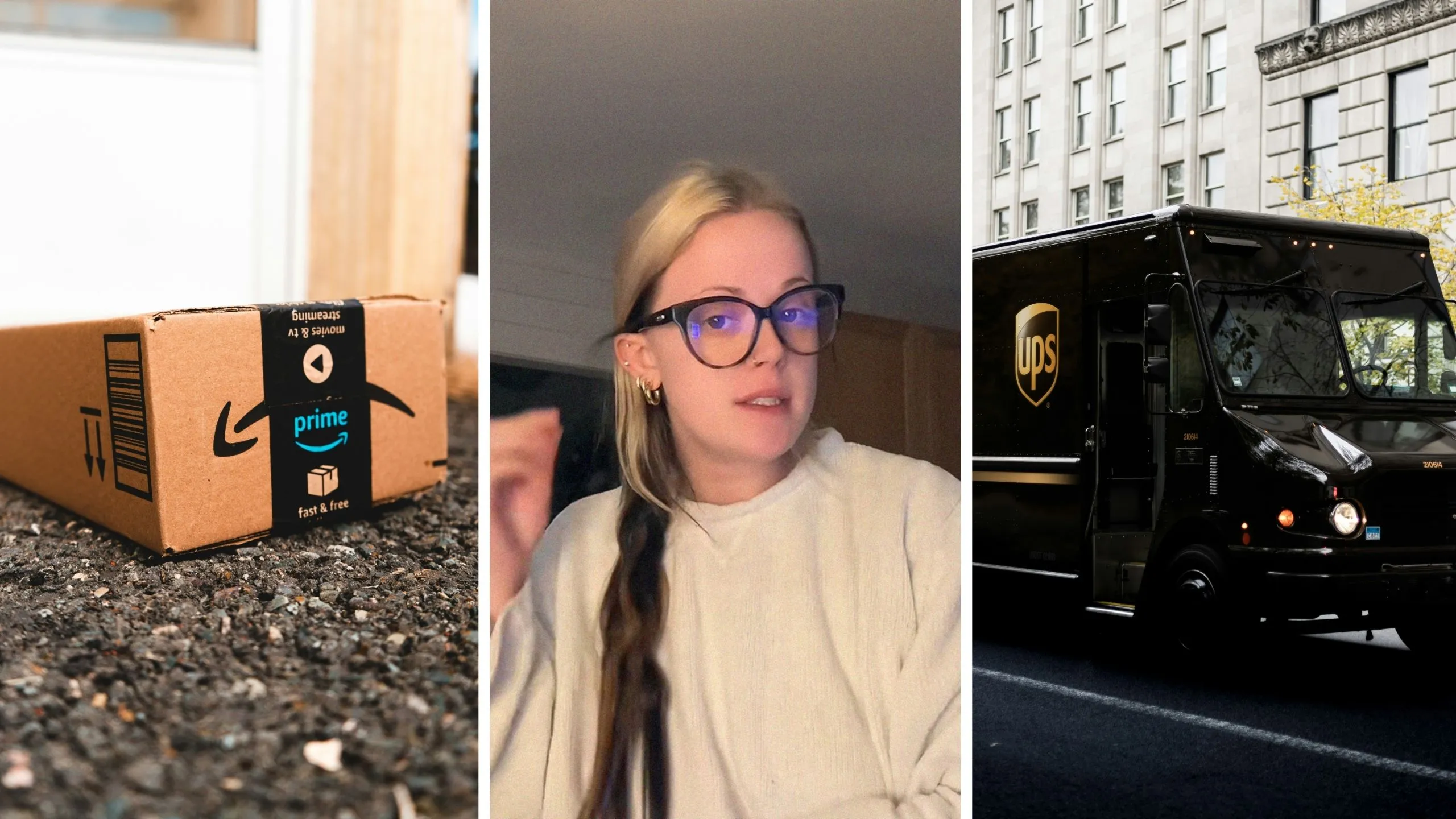 amazon package (l) woman shares package issue (c) UPS delivery truck (r)