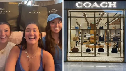 woman share their shopping experience (l) coach store front (r)