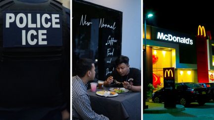 ice police jacket (l) father and son dining out (c) Mcdonalds entrance (r)
