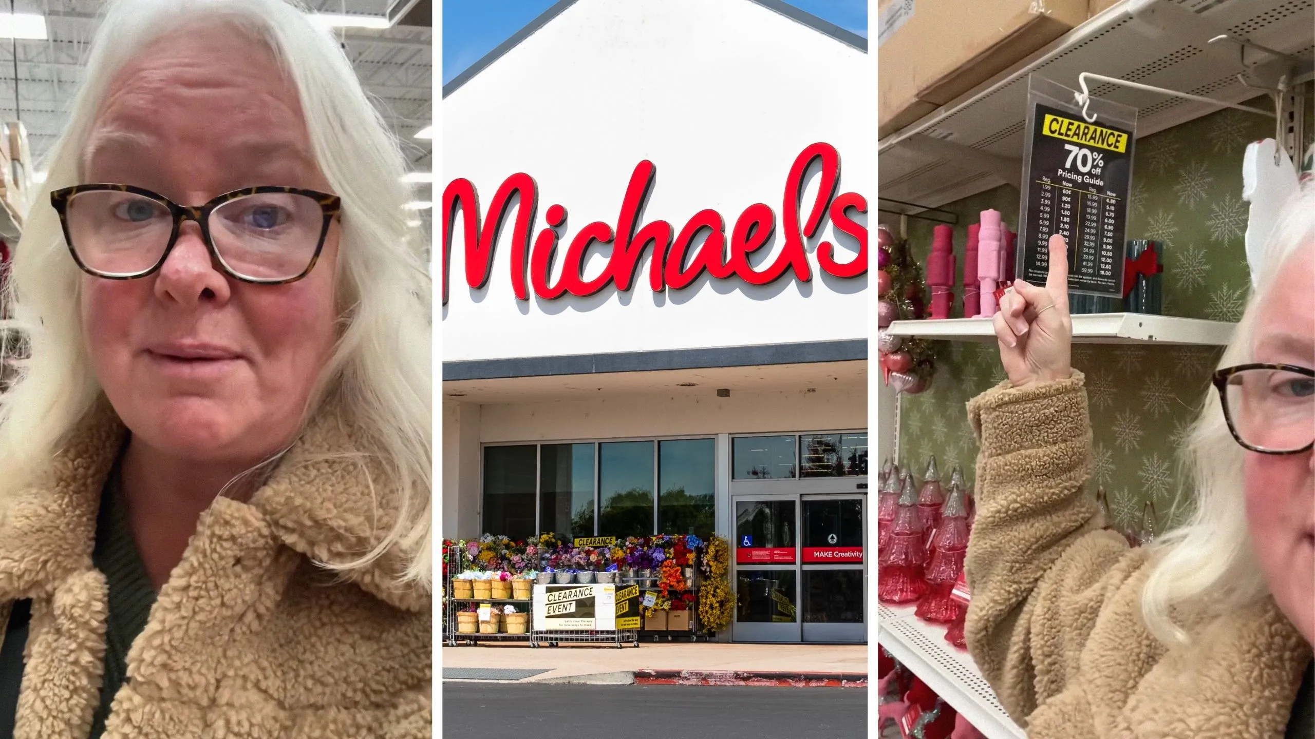 woman shares shopping experience (l) michaels storefront (c) woman shows store sale (r)