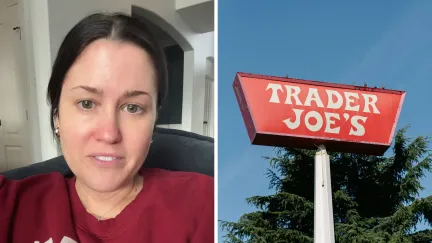 woman shares cream hack (l) Trader Joe's storefront (r)