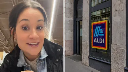 woman shares bag purchase (l) Aldi storefront (r)