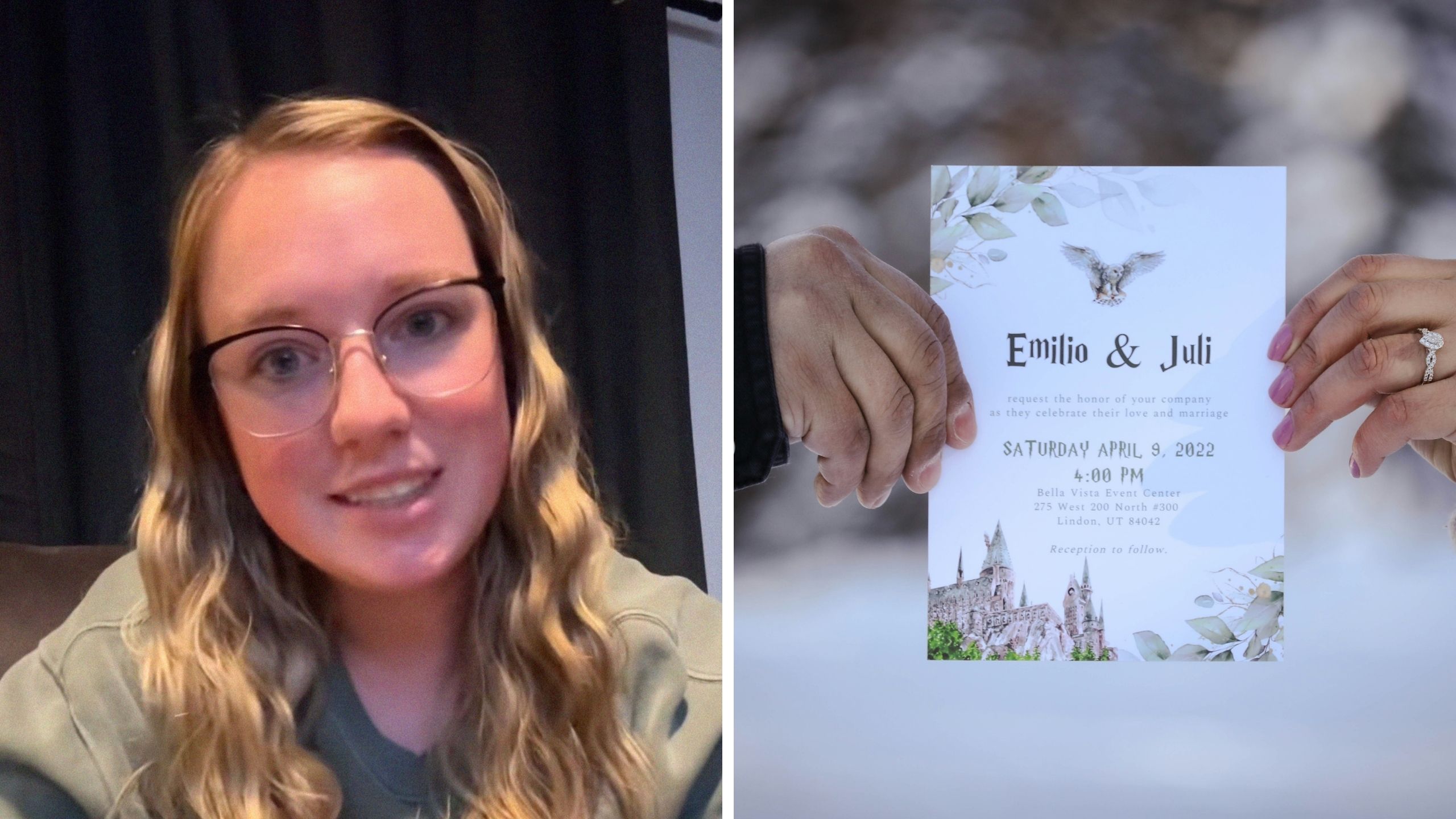 woman shares wedding invitations joke (l) wedding invitation (r)